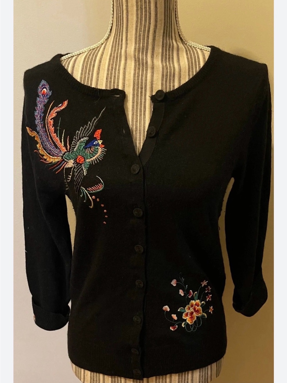 Lucky Brand Black Black Wool Cardigan with Colourful Embroidered Peacock Bird